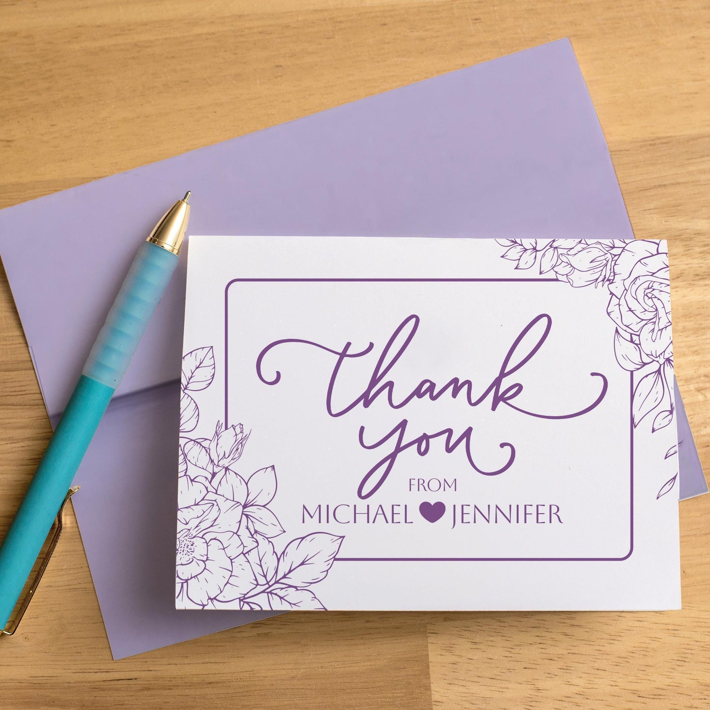 Personalized Wedding Thank You Cards – Floral Folded Cards with Matching Envelopes