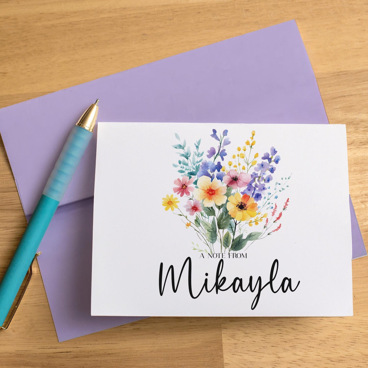 Personalized Note Cards – Custom Name Notecards with Wildflower Floral Folded Greeting Cards