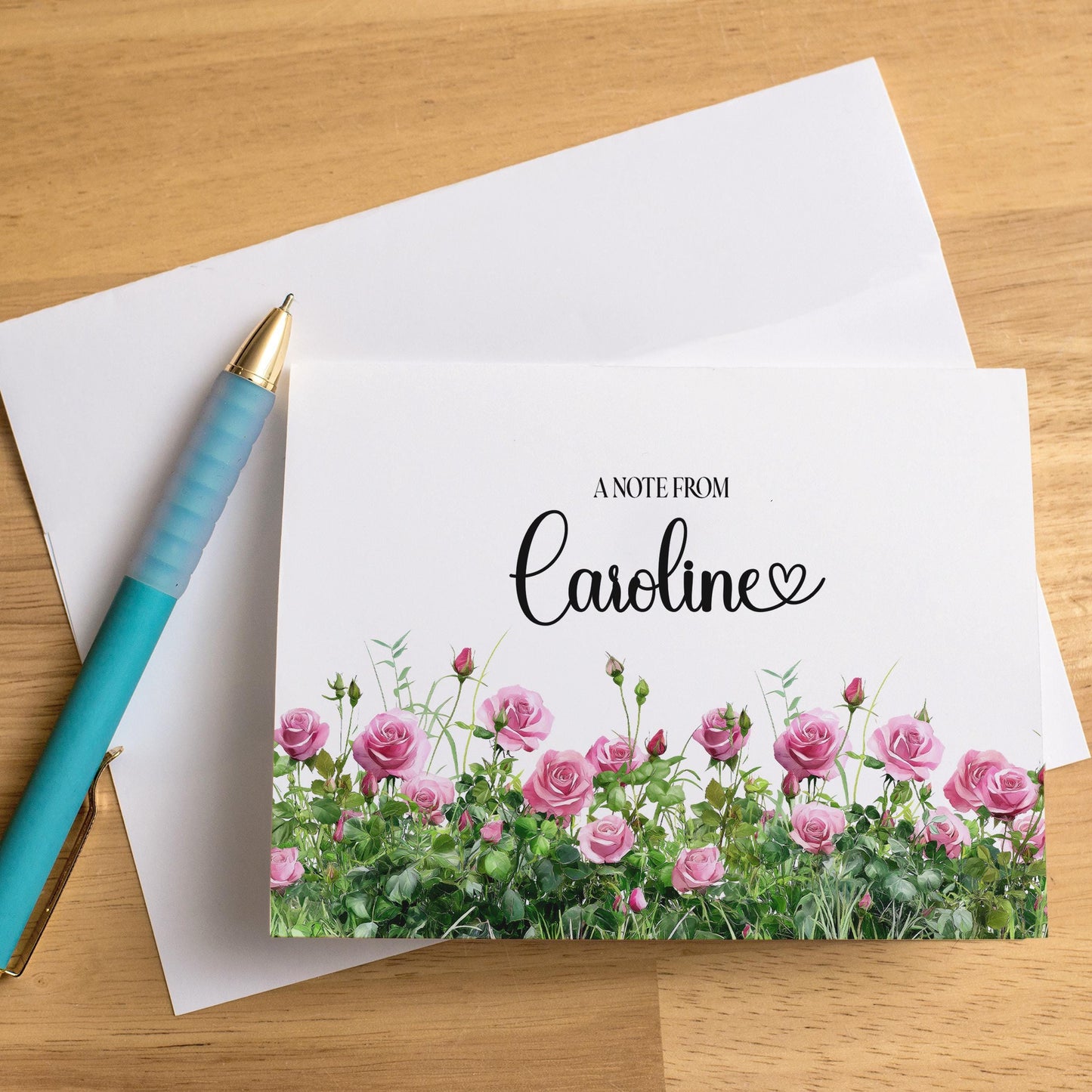 Personalized Note Cards - Pink Rose Folded Cards Set with Custom Stationery & Envelopes