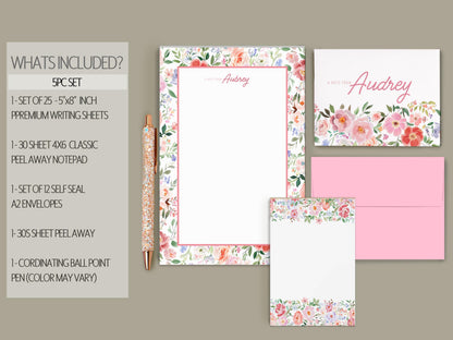 Personalized Stationery Set | Custom Wildflower Writing Paper Envelopes with Feminine Notecards
