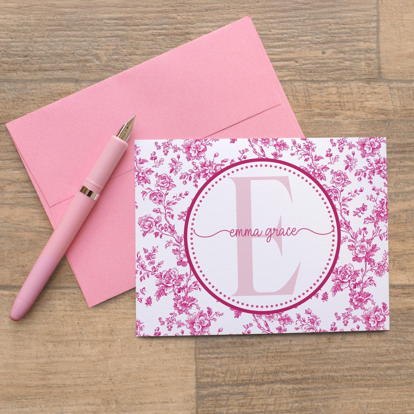 Personalized Note Cards - Custom Folded Notecards Set with Pink Chinoiserie Design & Matching Envelopes