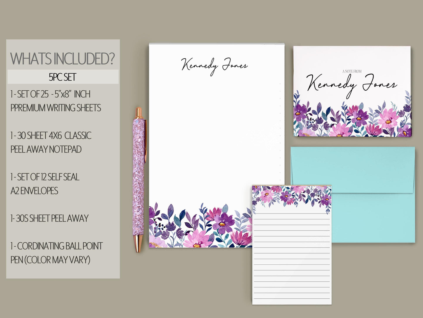Personalized Stationery Set – Floral Writing Paper Envelopes & Notecards with Pen Gift