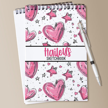 Personalized Kids Sketchbook - Custom Drawing Pad With Pink Heart Doodle, Spiral Bound Art Book