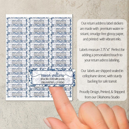 Personalized Address Labels - Blue Floral Return Address Stickers | Water Resistant, Smudge Proof