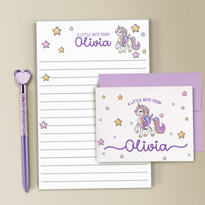 Personalized Stationery Set – Girls Unicorn Letter Writing Sets with Pink Purple Notepad & Envelopes