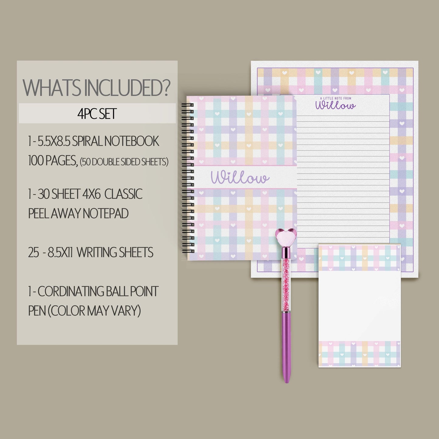 Personalized Stationery Set - Kids Letter Writing Kit with Heart Notebook & Envelopes