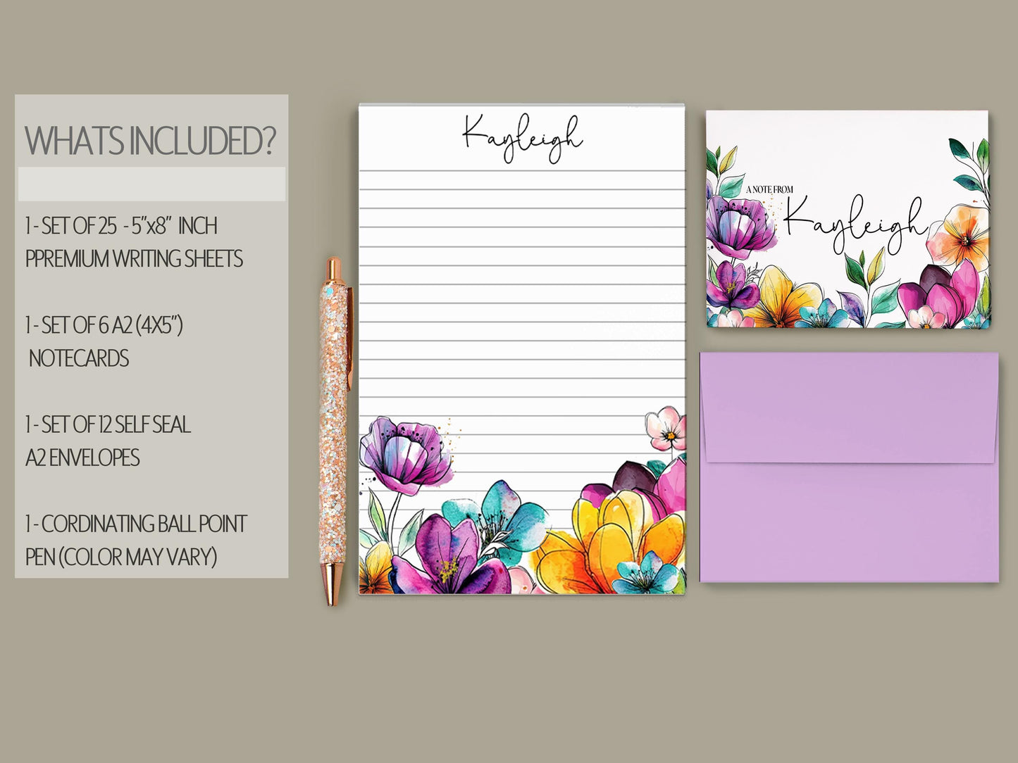 Personalized Stationery Set | Premium Letter Paper, Notecards & Rainbow Flower Notepad Gift Set