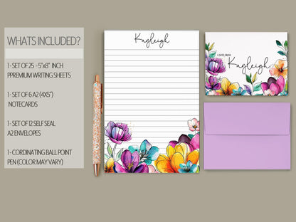Personalized Stationery Set | Premium Letter Paper, Notecards & Rainbow Flower Notepad Gift Set