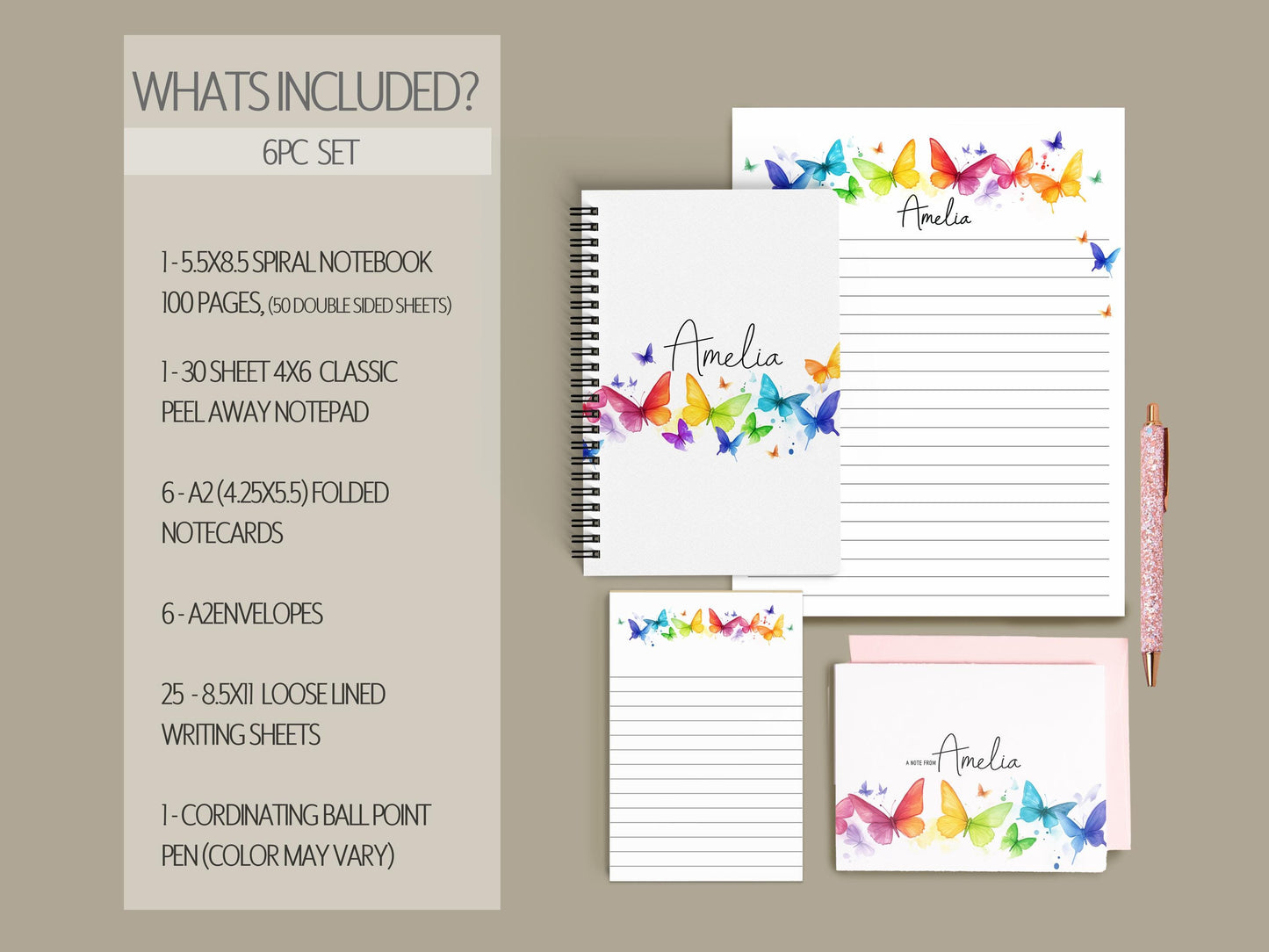 Personalized Stationery Set – Butterfly Letter Sets With Colorful Notepad & Notebook