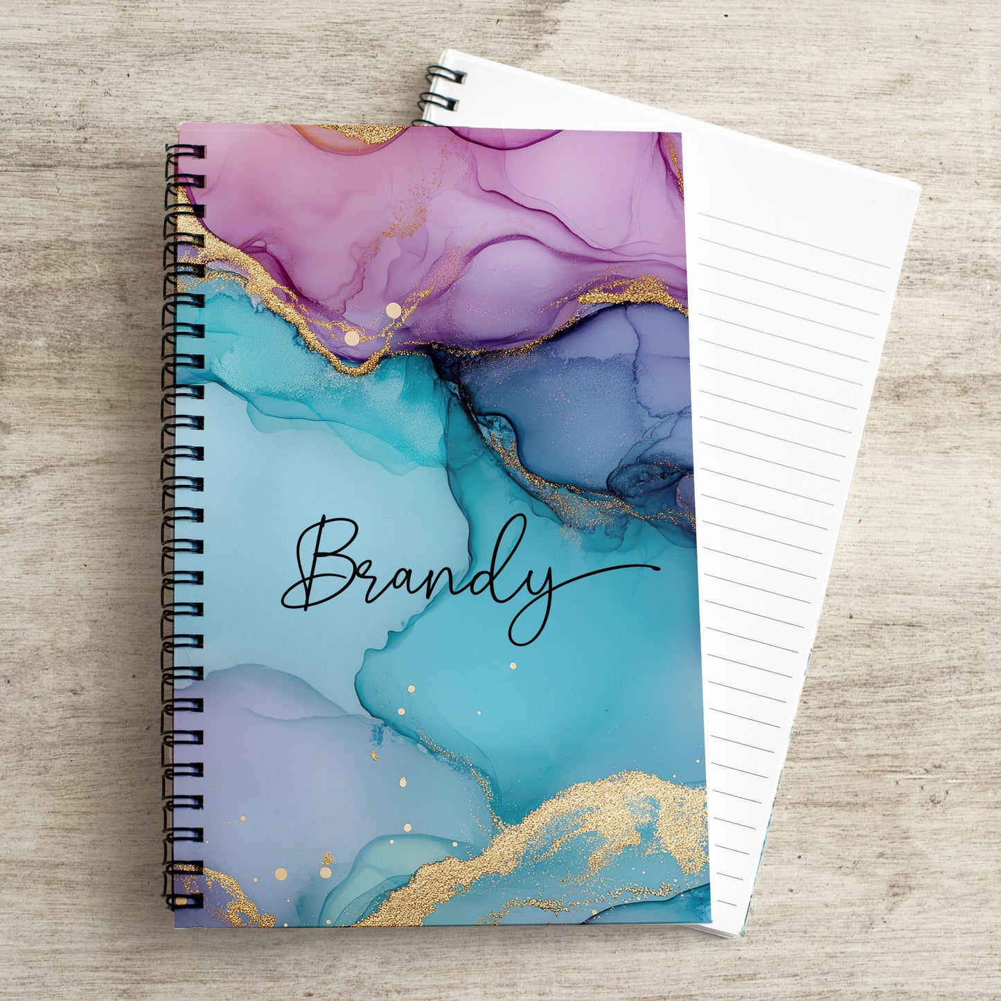 Personalized Notebook - Custom Marbled Ink Journal with Name | Spiral Bound, Purple Teal Gift