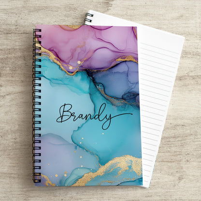 Personalized Notebook - Custom Marbled Ink Journal with Name | Spiral Bound, Purple Teal Gift