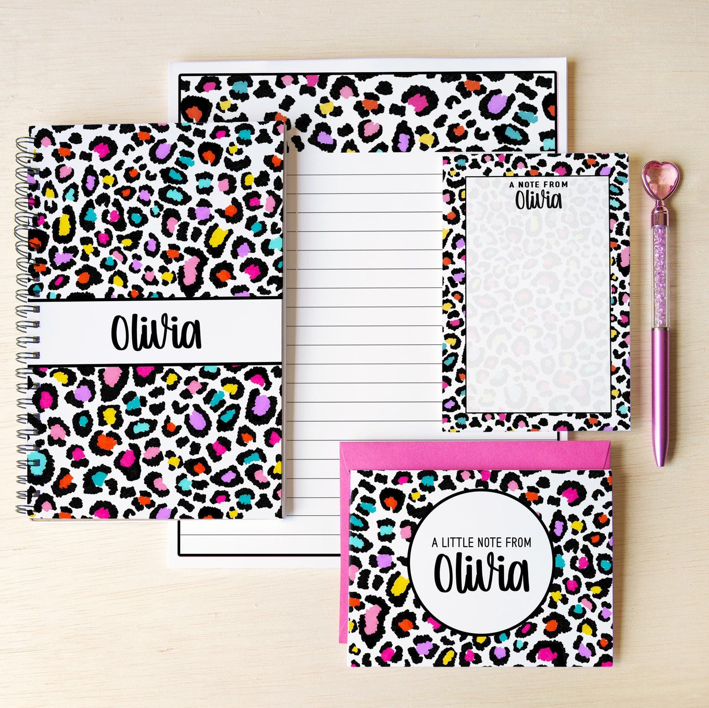 Personalized Stationery Set - Kids Letter Writing Paper & Rainbow Cheetah Notebook