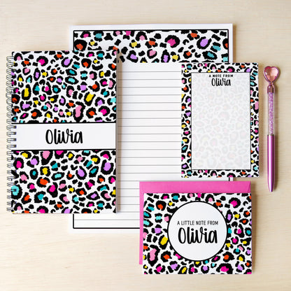 Personalized Stationery Set - Kids Letter Writing Paper & Rainbow Cheetah Notebook