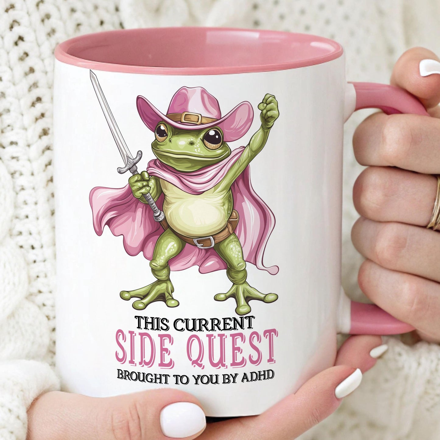 Funny Womens Coffee Mug - Cute Pink Cowboy Frog Side Quest Ceramic Cup
