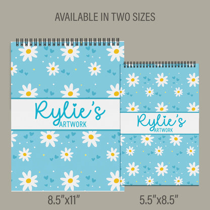 Girls Personalized Sketchbook - Custom Art Book with Blue Daisy Cover | Kids Drawing Pad