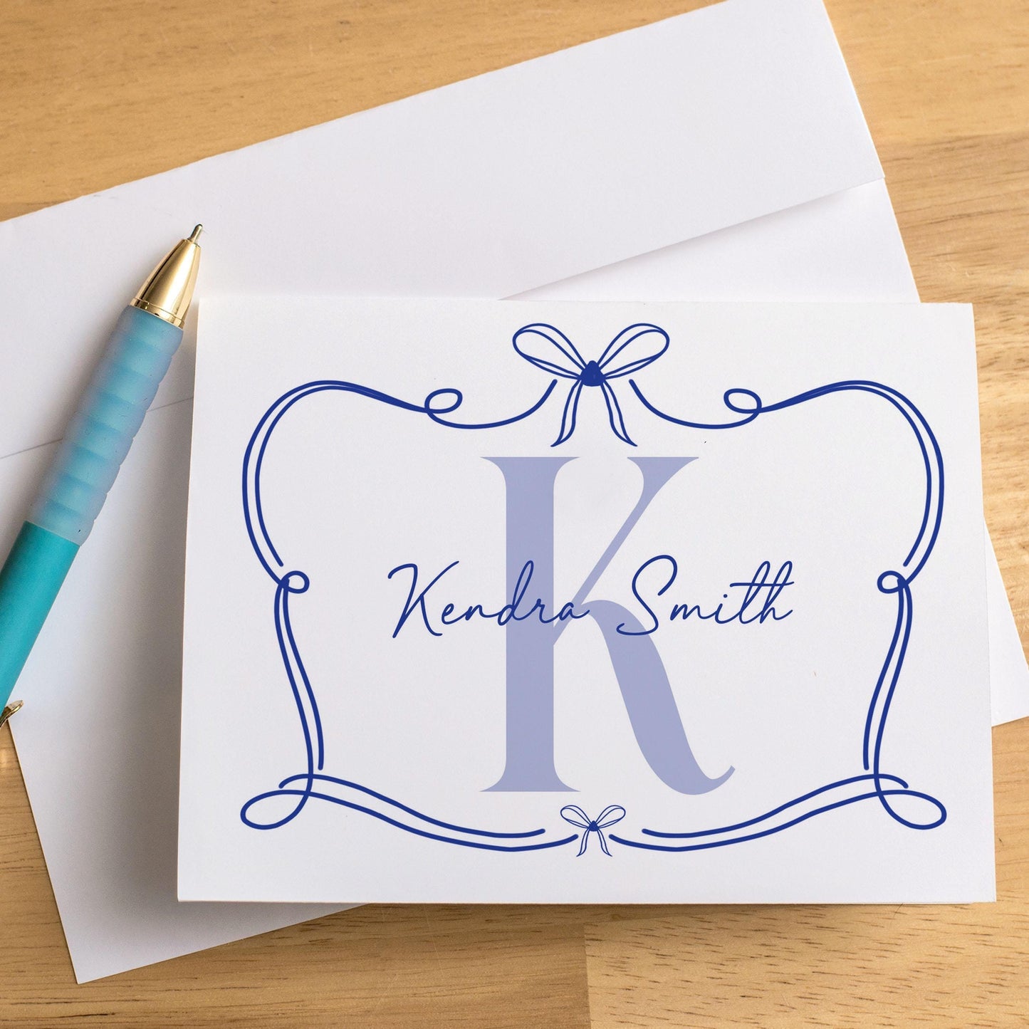 Personalized Monogram Note Cards – Custom Folded Cards with Hand Drawn Bow Design & Self Seal Envelopes