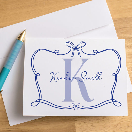 Personalized Monogram Note Cards – Custom Folded Cards with Hand Drawn Bow Design & Self Seal Envelopes