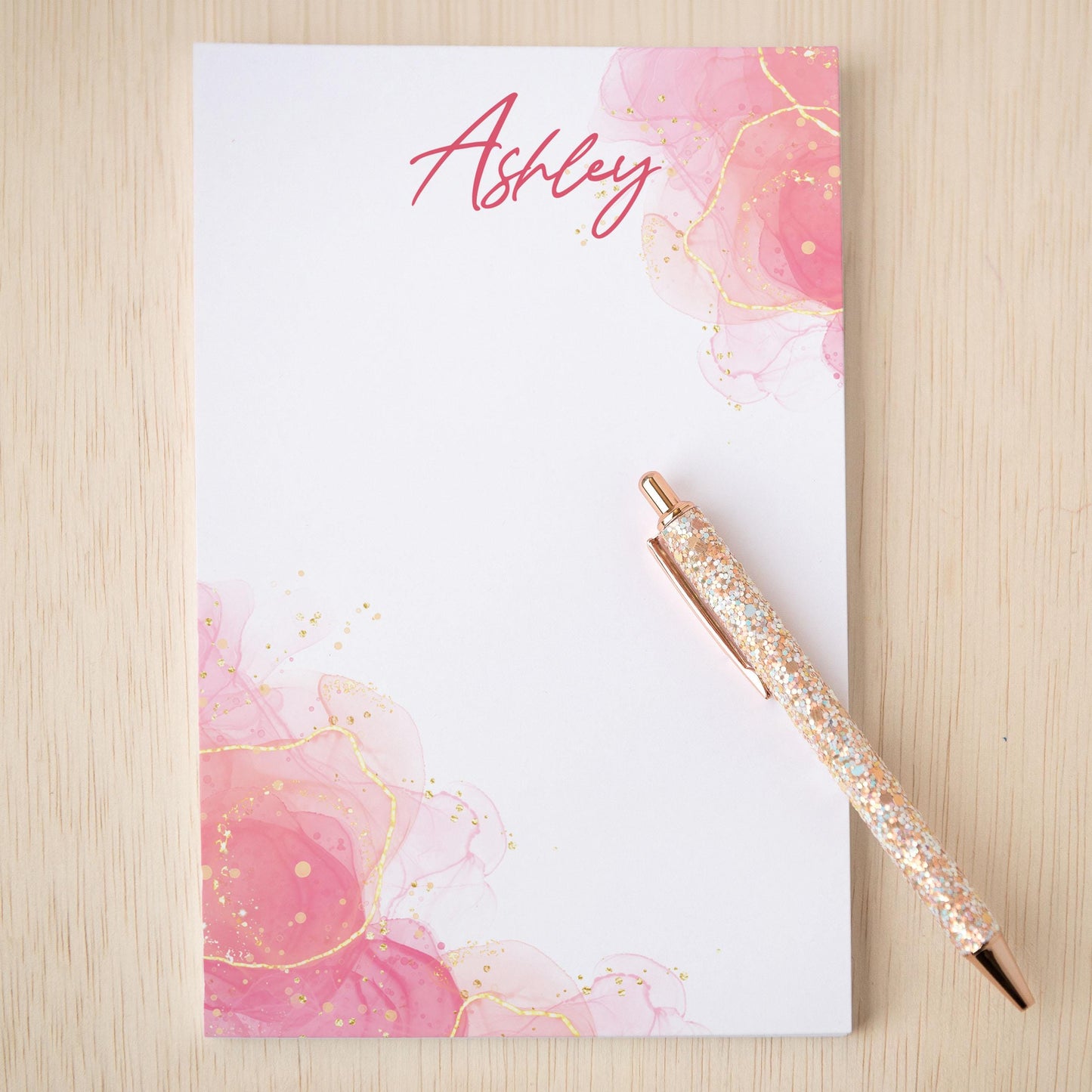 Personalized Notepad - Custom Name Notepad With Pink Watercolor Design, Marble Stationery