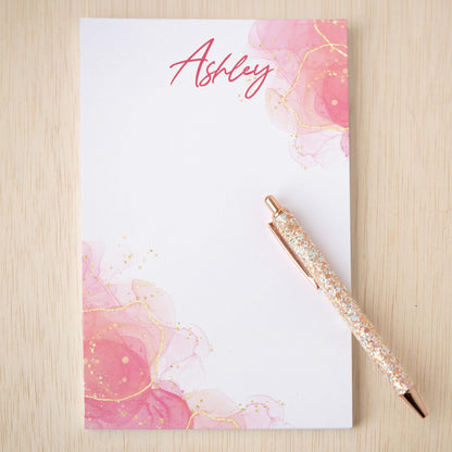 Personalized Notepad - Custom Name Notepad With Pink Watercolor Design, Marble Stationery