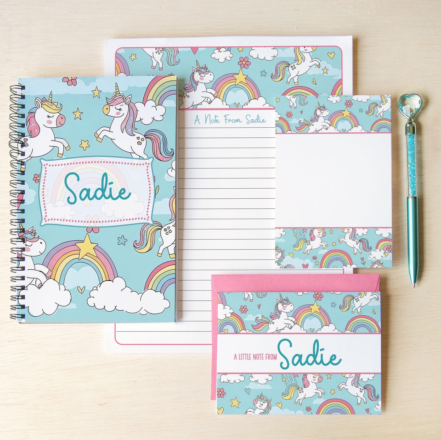 Personalized Stationery Set - Kids Letter Writing Kit with Unicorn Notebook & Notecards