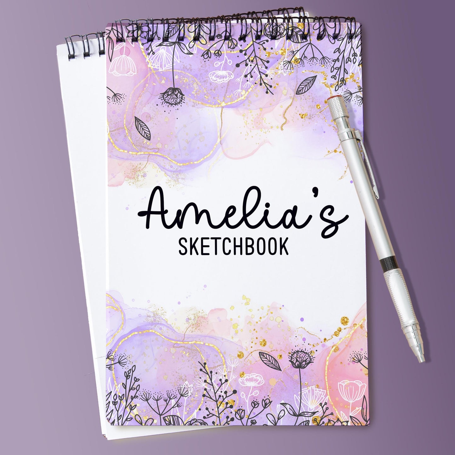 Girls Personalized Sketchbook - Custom Art Pad with Heavyweight Drawing Paper, Purple Pink Spiral Bound