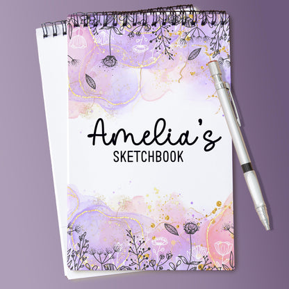 Girls Personalized Sketchbook - Custom Art Pad with Heavyweight Drawing Paper, Purple Pink Spiral Bound