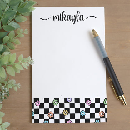 Personalized Girls Notepad - Custom Flower Checkers Notepad with Peel Away Pages