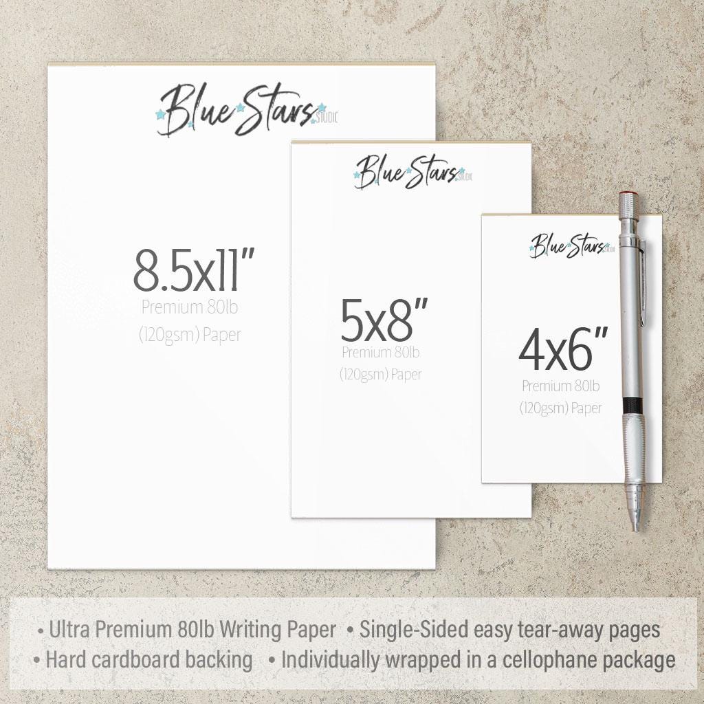 three different sizes of Blue Stars stationery, including 8.5x11", 5x8", and 4x6" paper, as well as a pen. The stationery is labeled as "Ultra Premium 80lb Writing Paper" and "Single-Sided easy tear-away pages". The stationery is also described as "Hard cardboard backing" and "Individually wrapped in a cellophane package".