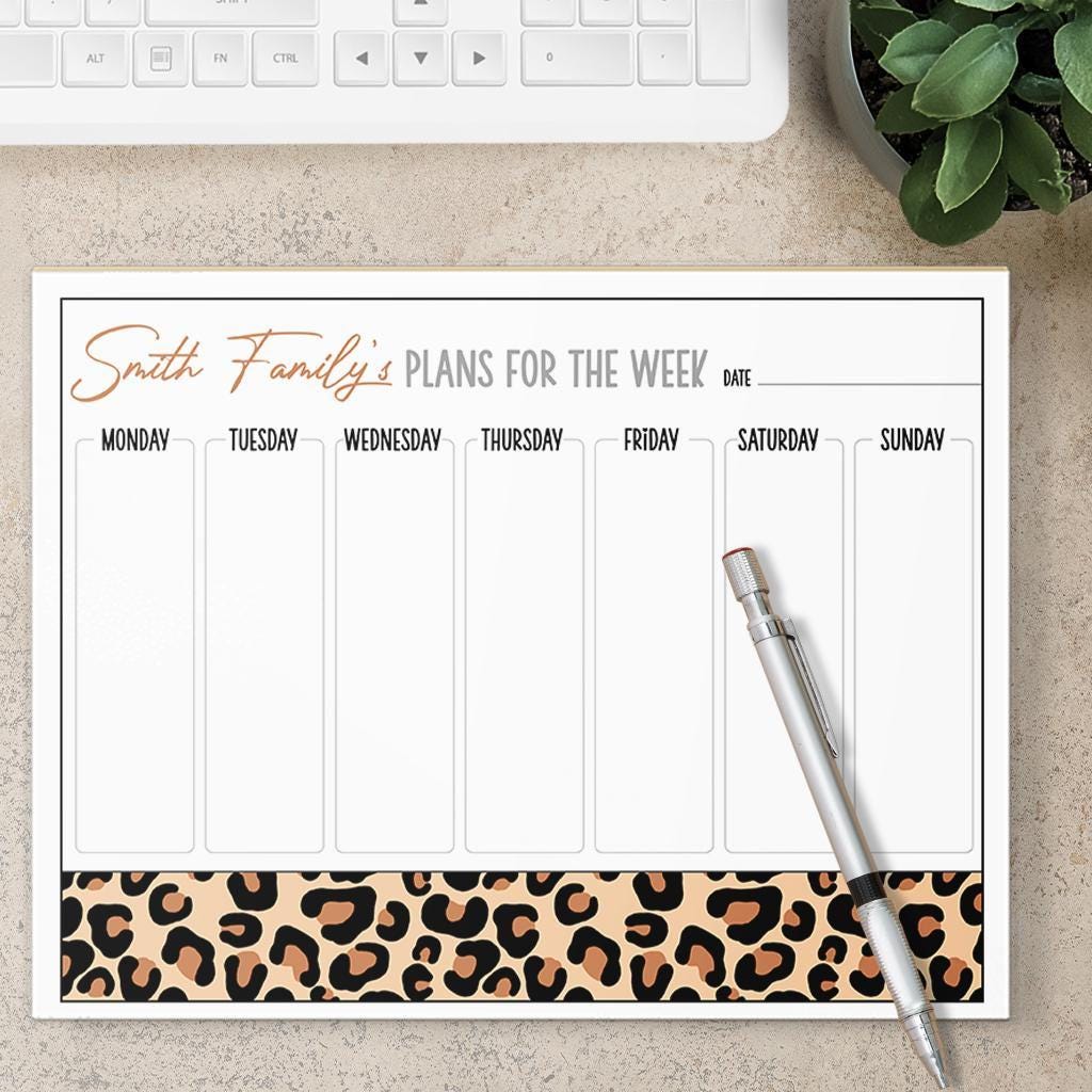 Weekly Planner Notepad - Personalized Leopard Print Planner with Custom Name, Teacher Gift Idea
