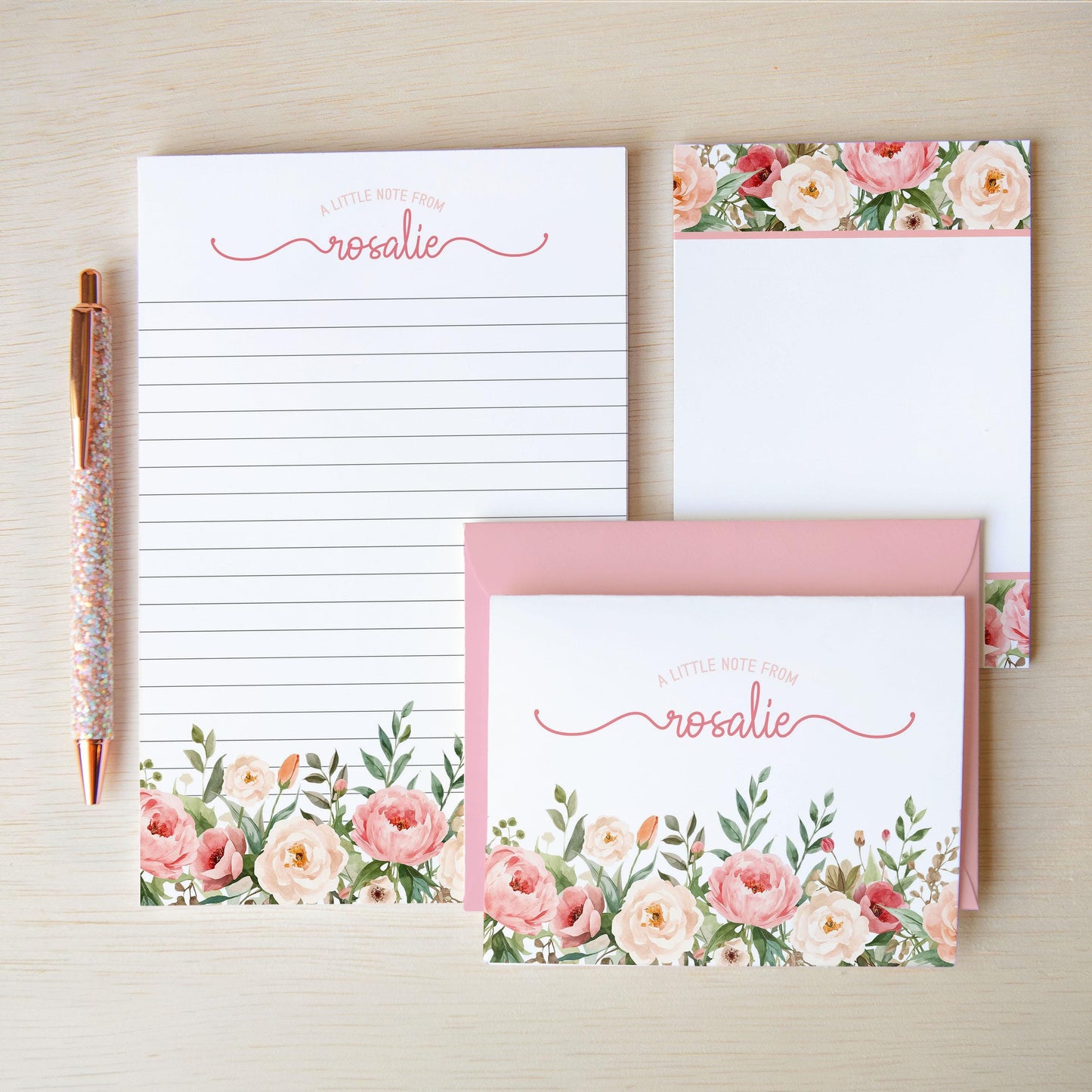 Personalized Stationery Set - Pink Rose Floral Writing Paper & Envelopes Gift