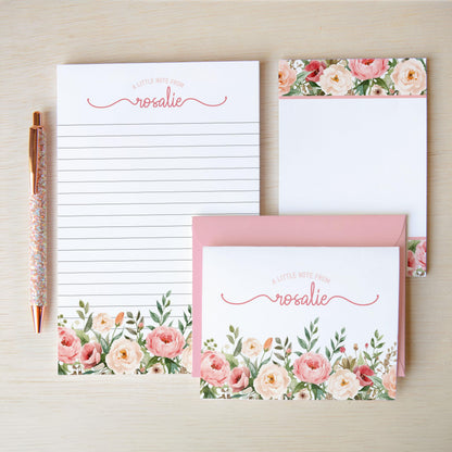 Personalized Stationery Set - Pink Rose Floral Writing Paper & Envelopes Gift
