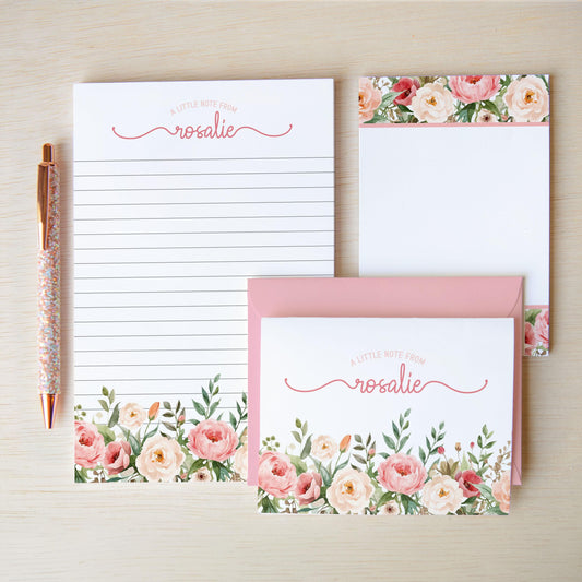 Personalized Stationery Set - Pink Rose Floral Writing Paper & Envelopes Gift