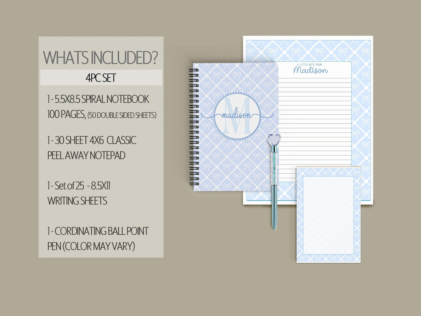 Personalized Stationery Set - Letter Writing Set with Blue Coquette Bow & Notecards