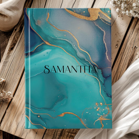 Custom Hardcover Journal - Personalized Marbled Teal Notebook with Lined Pages