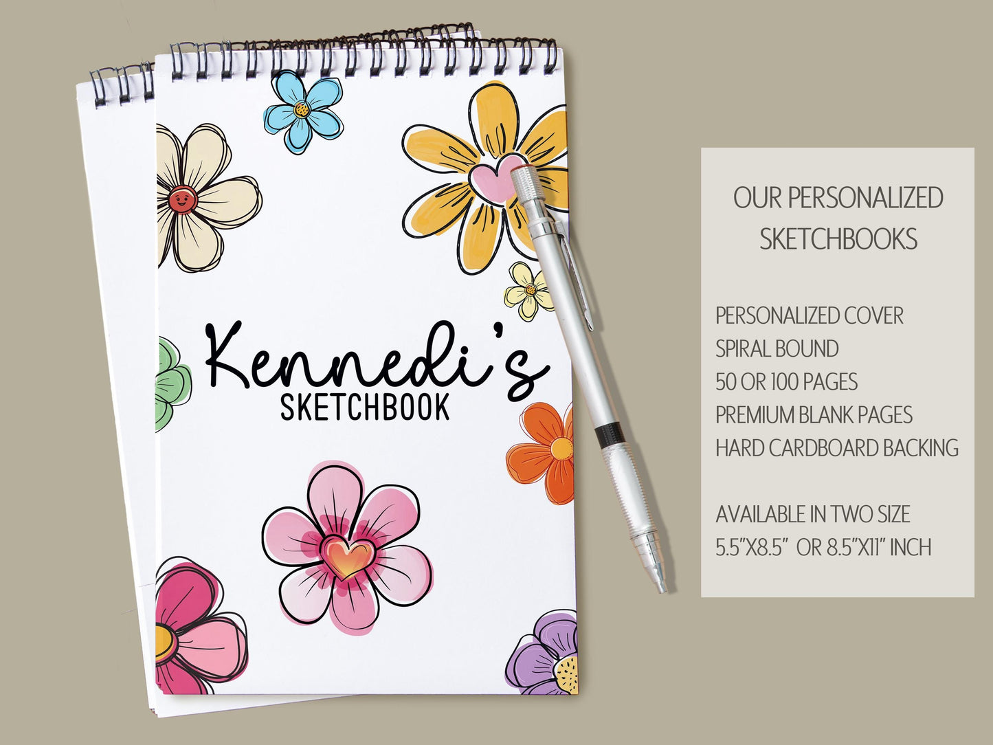Personalized Sketchbook - Kids Drawing Pad With Custom Name & Flower Art Pad Gift