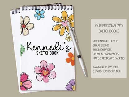 Personalized Sketchbook - Kids Drawing Pad With Custom Name & Flower Art Pad Gift
