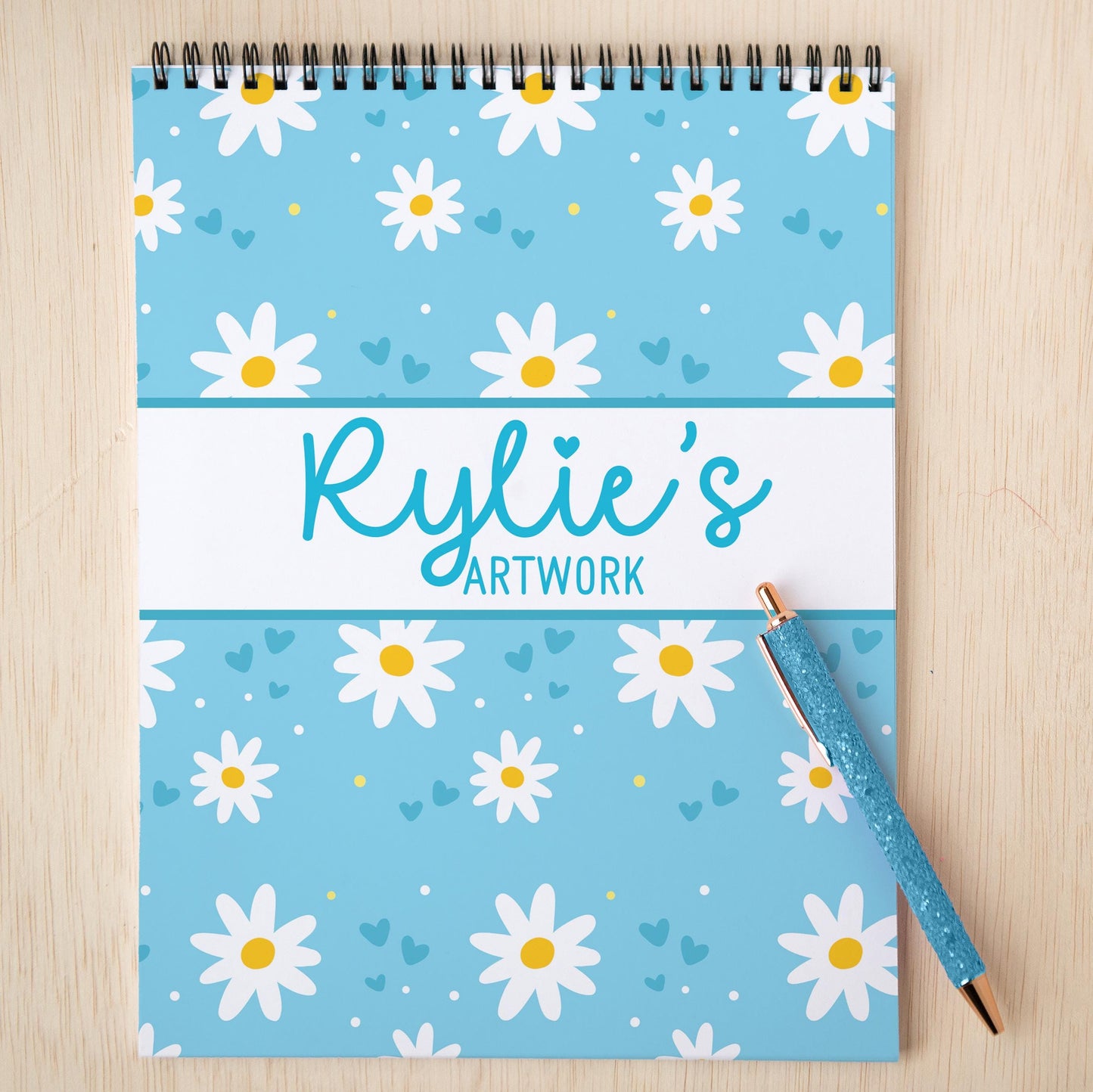 Girls Personalized Sketchbook - Custom Art Book with Blue Daisy Cover | Kids Drawing Pad