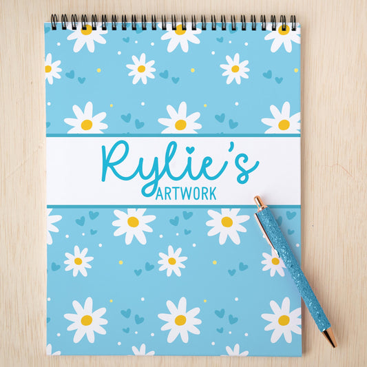 Girls Personalized Sketchbook - Custom Art Book with Blue Daisy Cover | Kids Drawing Pad