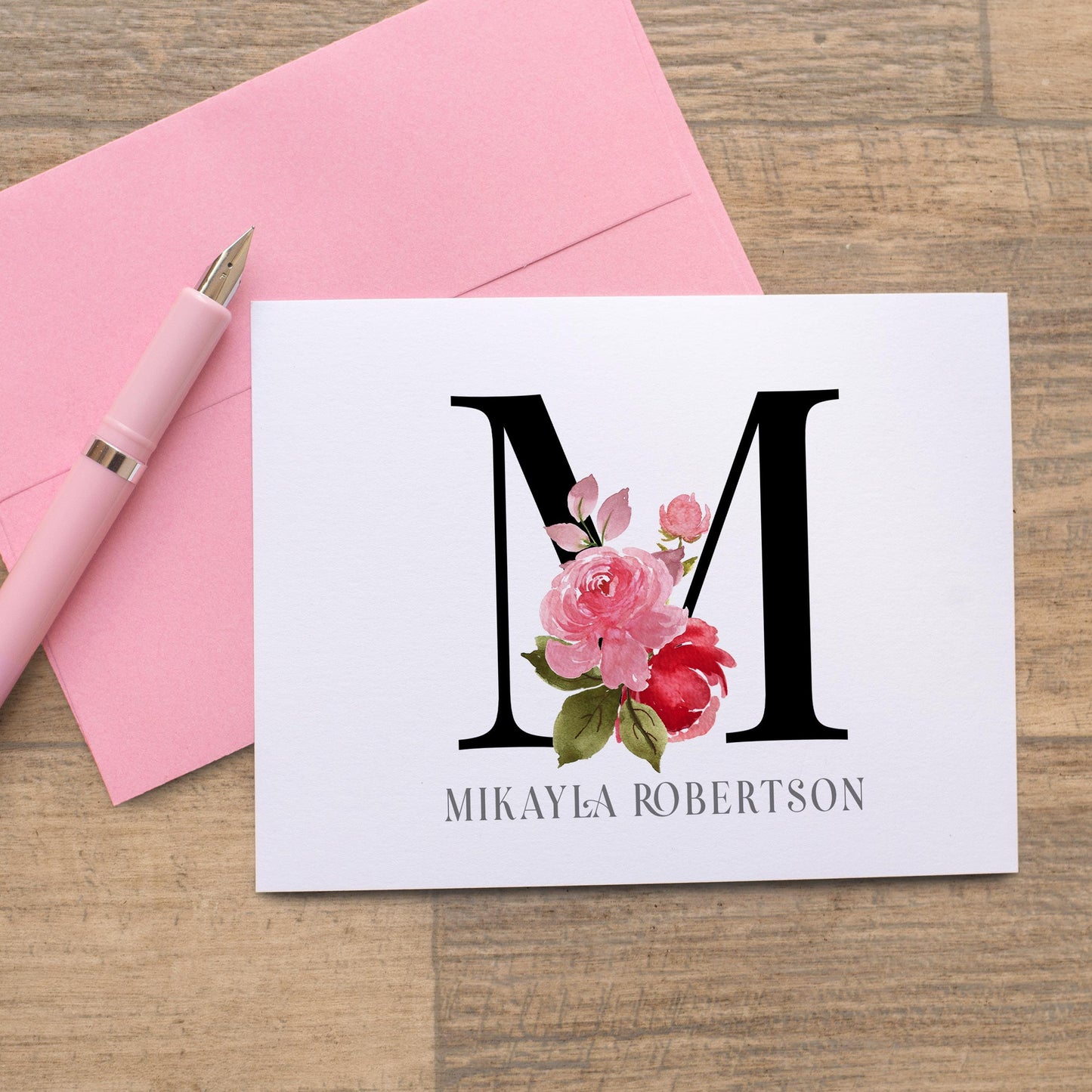 Personalized Monogram Note Cards - Custom Rose Notecards with Envelopes | Folded Thank You Cards Gift Set