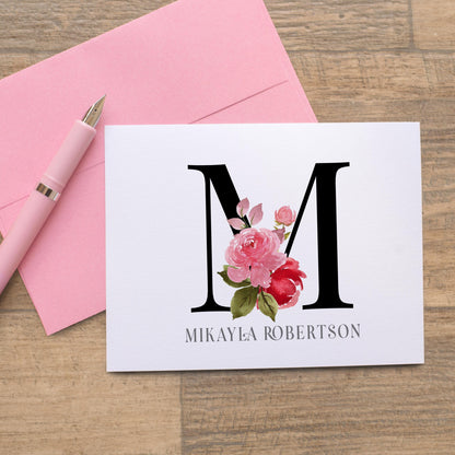 Personalized Monogram Note Cards - Custom Rose Notecards with Envelopes | Folded Thank You Cards Gift Set