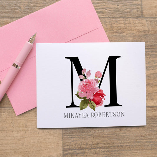 Personalized Monogram Note Cards - Custom Rose Notecards with Envelopes | Folded Thank You Cards Gift Set