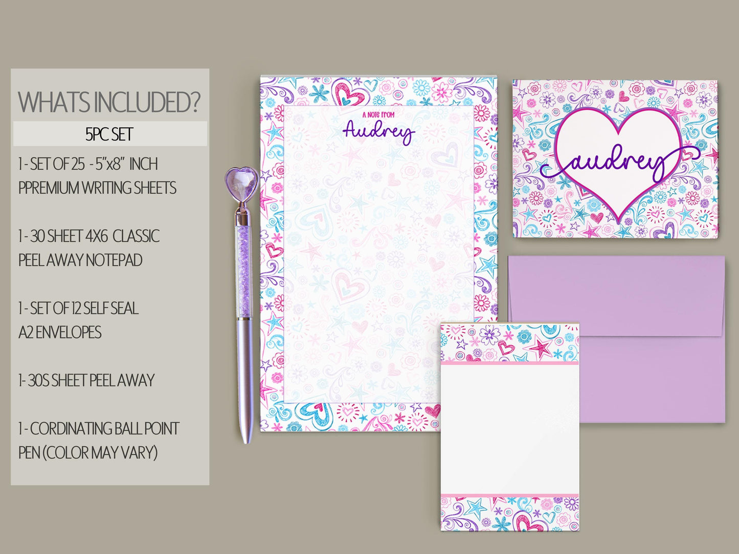 Personalized Stationery Set - Premium Letter Writing Sets with Glitter Ballpoint Pen & Notepad