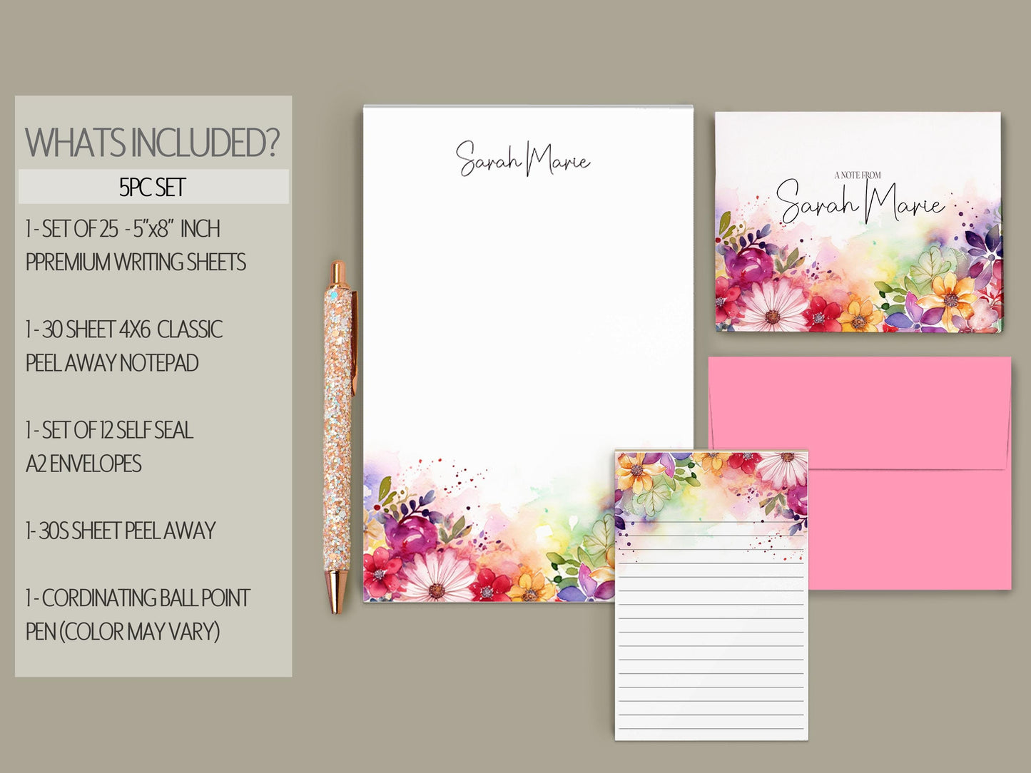 Personalized Stationery Set – Rainbow Wildflowers Letter Writing Gift Set with Pen & Notepad