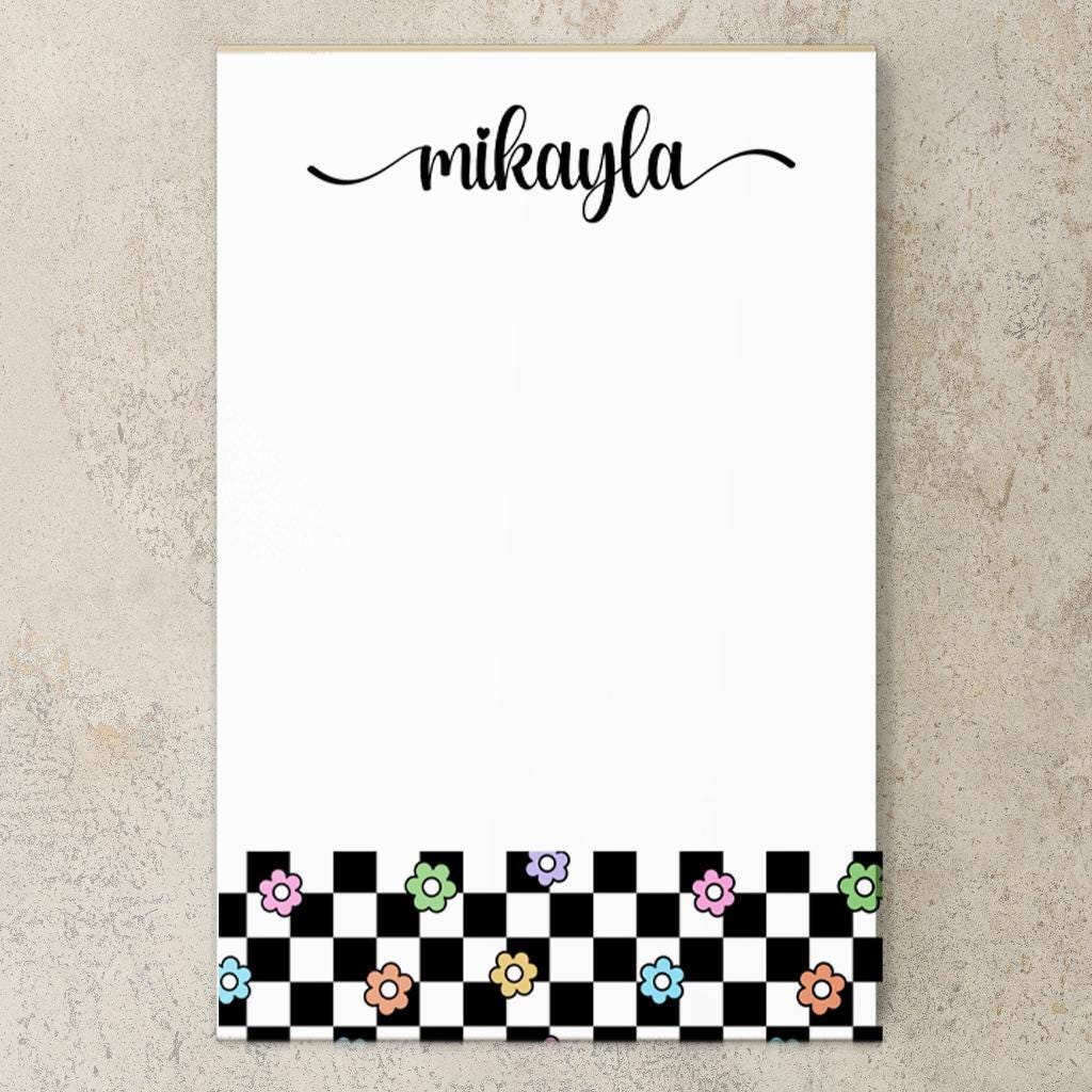 Personalized Girls Notepad - Custom Flower Checkers Notepad with Peel Away Pages