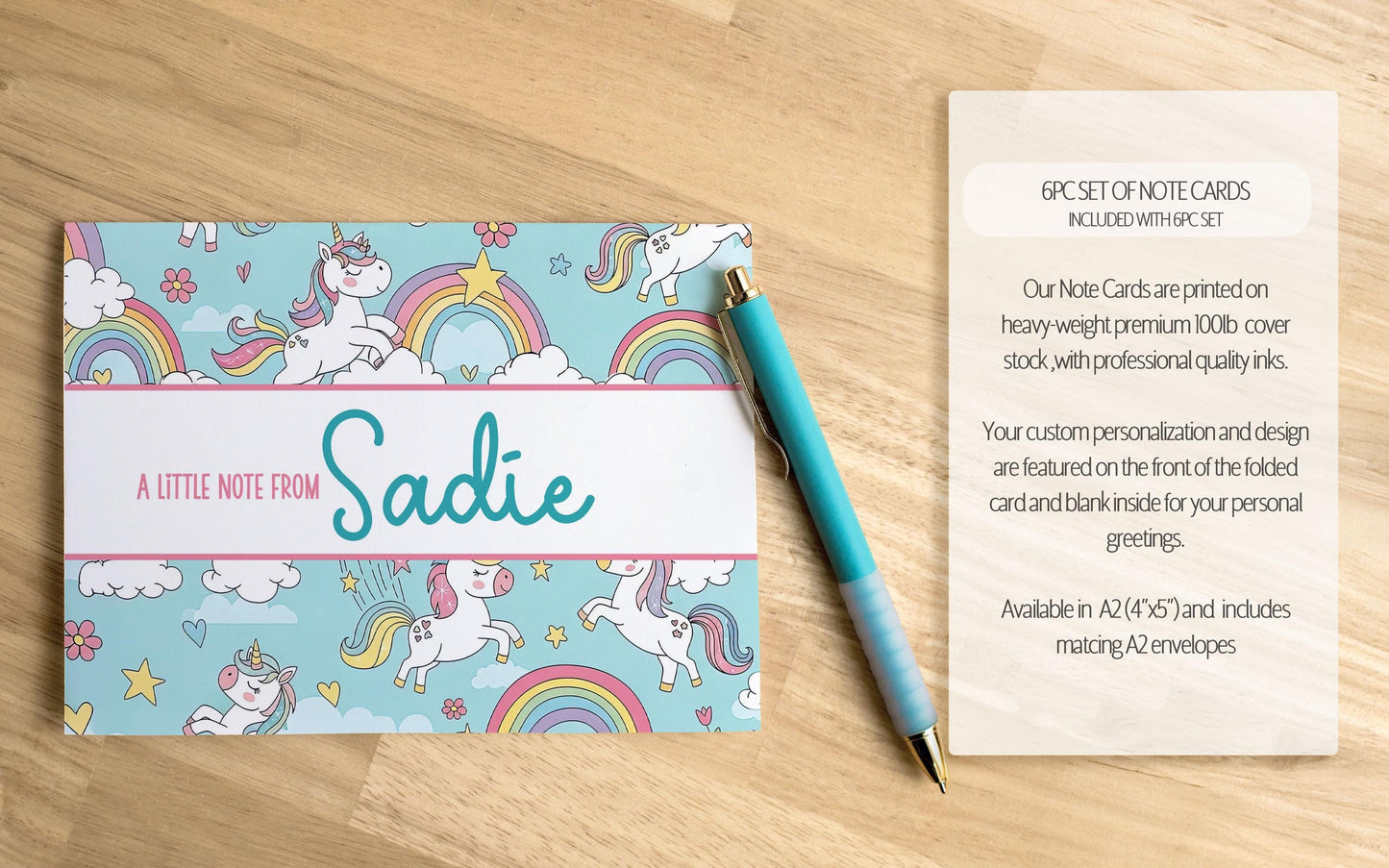 Personalized Stationery Set - Kids Letter Writing Kit with Unicorn Notebook & Notecards