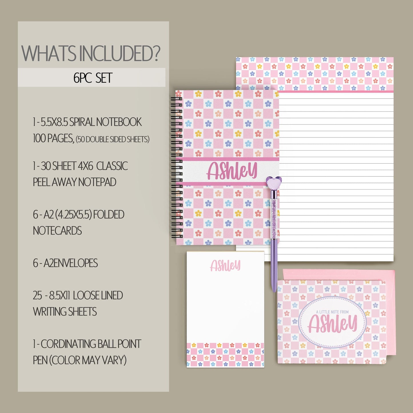 Personalized Stationery Set - Kids Letter Writing Kit with Groovy Flower Notebook & Colorful Pen