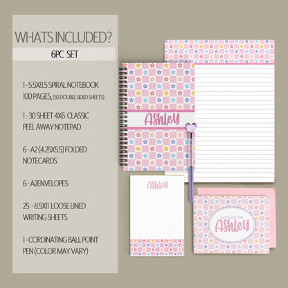 Personalized Stationery Set - Kids Letter Writing Kit with Groovy Flower Notebook & Colorful Pen