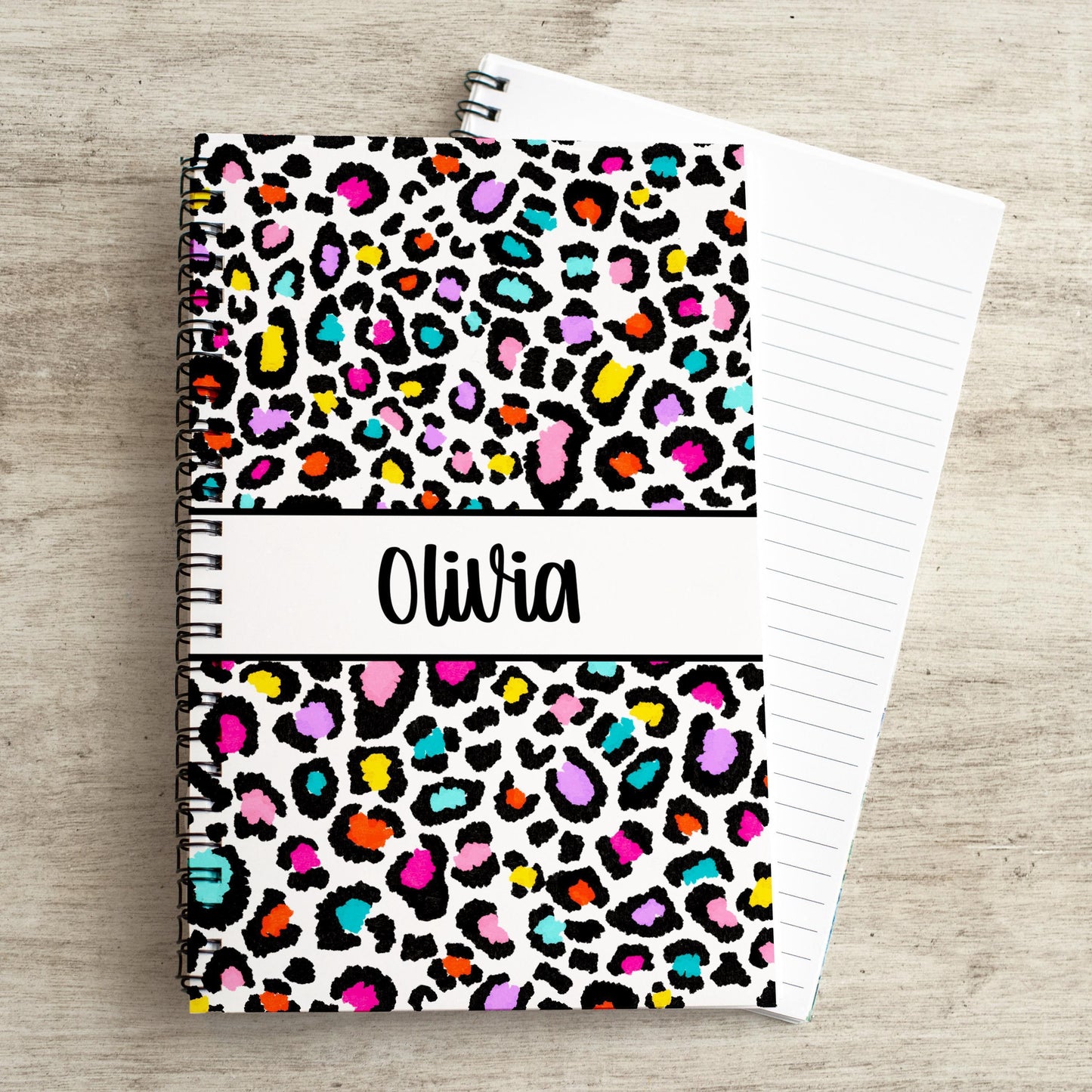Custom Spiral Notebook - Personalized Journal with Rainbow Leopard Print for Kids