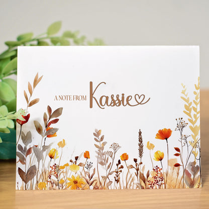 Personalized Note Cards - Boho Autumn Fall Wildflower Custom Name Notecards with Envelopes