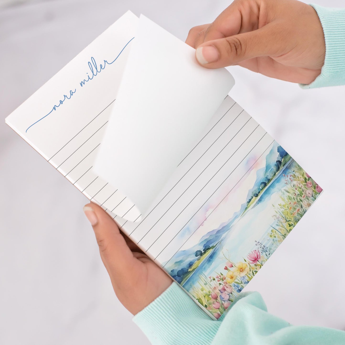 Personalized Notepad - Custom Stationery with Lake Landscape & Flower Design
